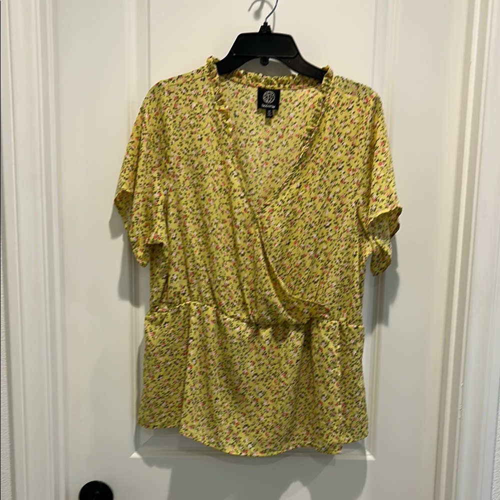 Bobeau Yellow Wrap Peplum Blouse